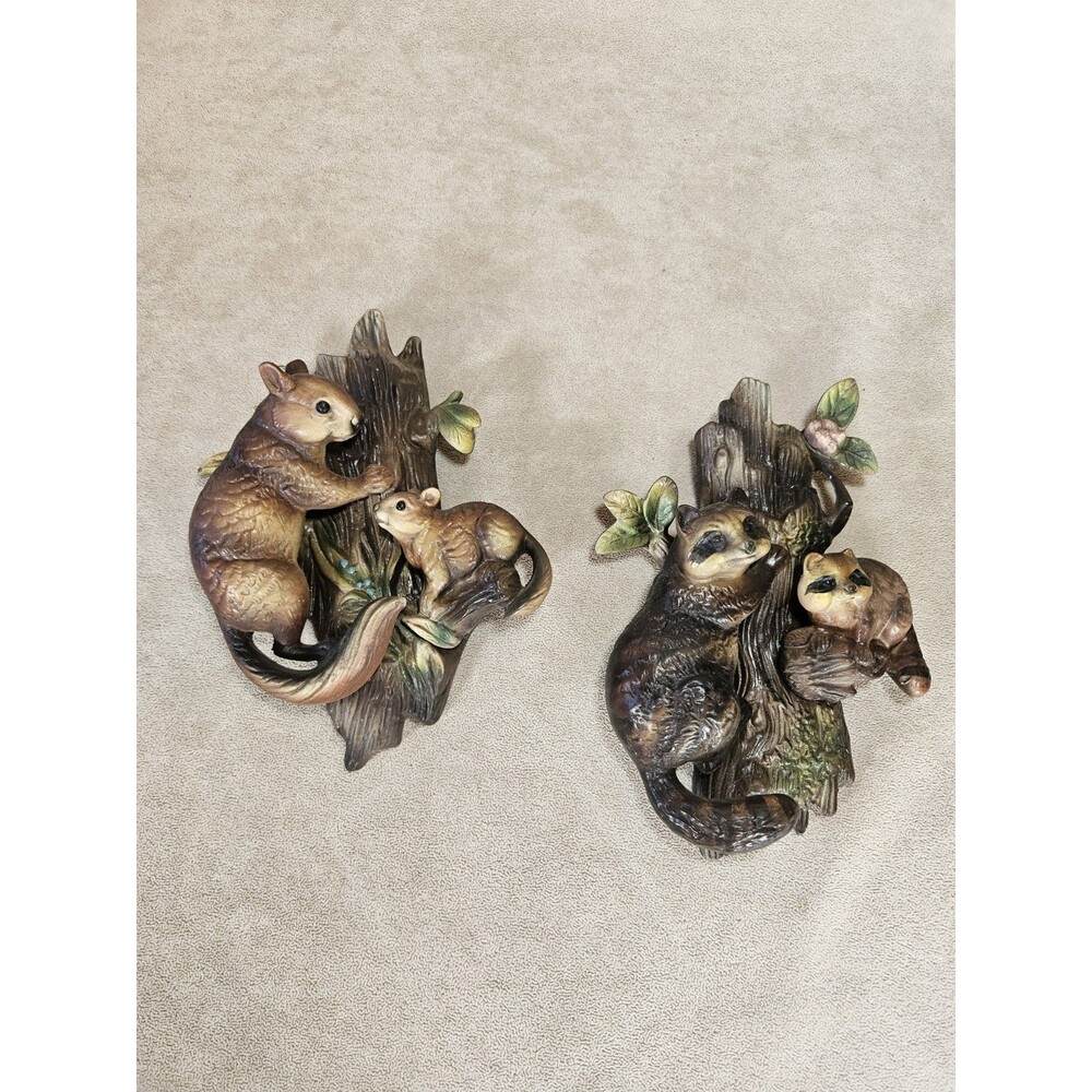 Two Piece Vintage Napcoware Animal Wall Pockets Raccoons Squirrels Grandmacore
